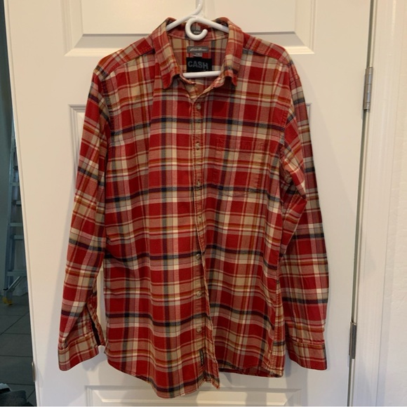 Custom Made Johnny Cash Graphic on Red Plaid Eddie Bauer Flannel Shirt, Sz TL - Picture 4 of 7